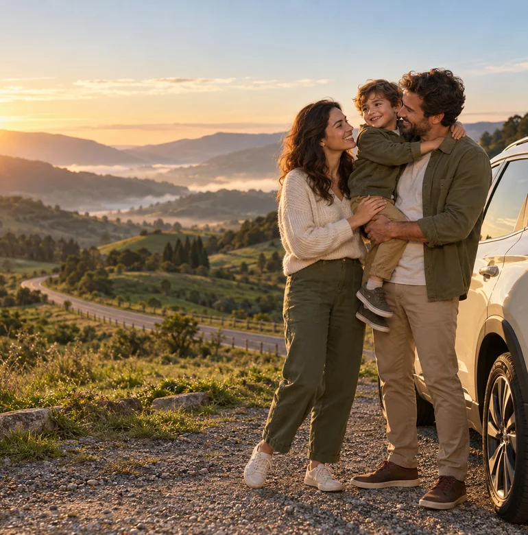 Família aproveita uma pausa na viagem de carro, em meio a uma paisagem verde ao amanhecer.